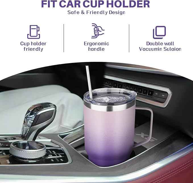 30 oz Tumbler with Handle, Stainless Steel Insulated Tumbler with Lid and Straw, Double Wall Vacuum Coffee Mug Tumbler, Insulated Coffee Thermal Cup for Cold and Hot (Light Dark Purple)