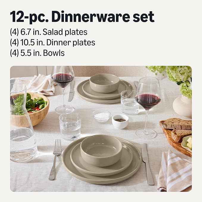 Amazon Basics Glazed Stoneware Dinnerware, 12-Piece Set, 4 Full Place Settings, Dishwasher-Safe, Microwave-Safe, Linen Gray