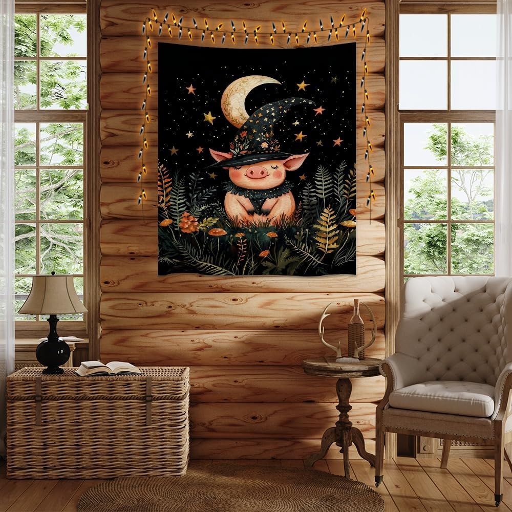 Whimsical Witch Pig Tapestry Wall Hanging Cute Farmhouse Animal Tapestry Aesthetic Moon and Stars Pictures Print Cottagecore Witchy Halloween Artwork Tapestries Decor for Living Room Bedroom 40x60inch