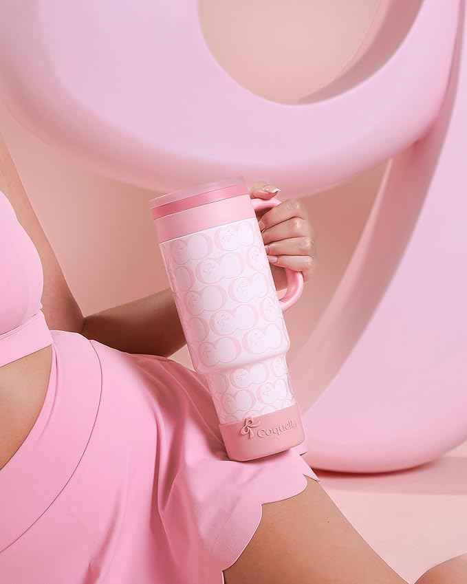 40 oz Insulated Tumbler with Handle and Push-Button Straw Lid, Stainless Steel Travel Cup for Gym Office, Leakproof, BPA-Free, Cup Holder Friendly, Bow Silicone Boot, Pink (C’ Blush)
