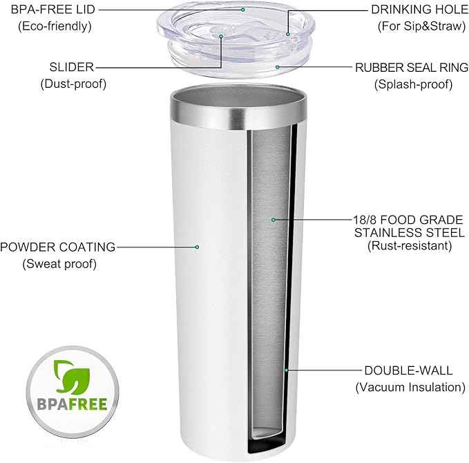 VEGOND Stainless Steel Tumblers Bulk 6 Pack, 20 oz Vacuum Insulated Skinny Tumblers with Lid and Straw, Double Wall Coffee Mug, Travel Water Cup, White