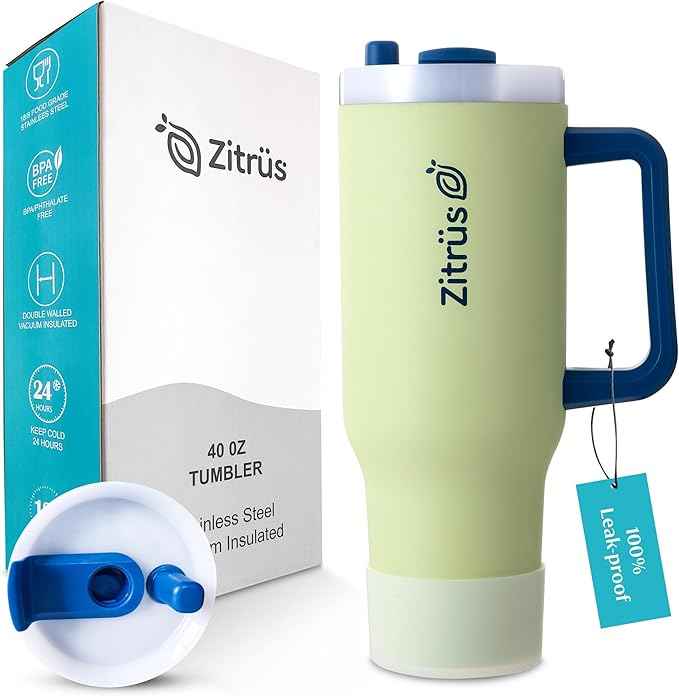 40 oz Tumbler with Handle and Straw | Leak Proof Insulated Stainless Steel Water Bottle Travel Mug Fits in Cup Holder | Keeps Cold Hot | Gifts for Women Men Him Her (Pastel Green, 40 oz)
