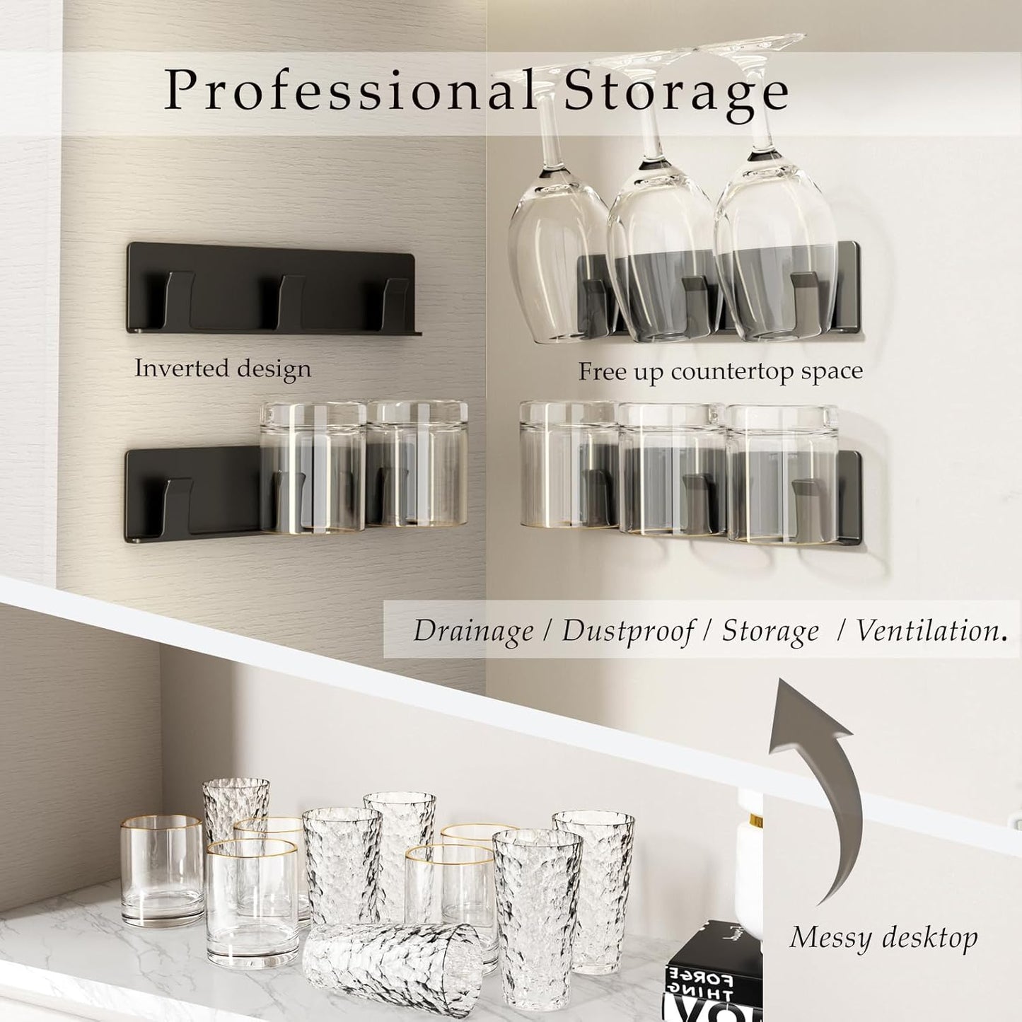 Cup Holder, 2 Pack Wine Glass Holder，No Drilling Installation Wine Glass Holder Wall Mounted for Dining Room, Kitchen and Bar Daily Use (Classic Black)