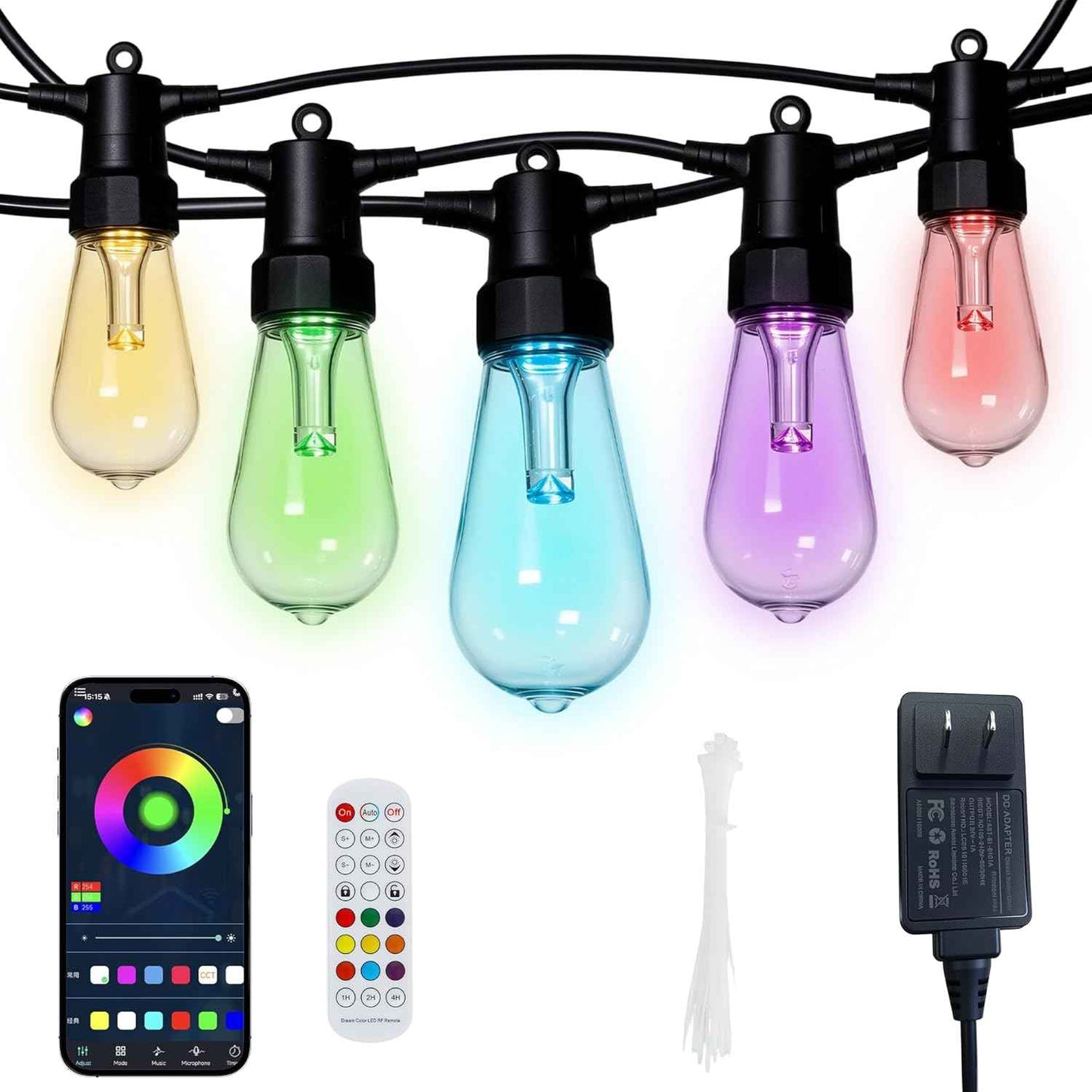 50FT Smart Outdoor String Lights, Color Changing ST48 Multi-color LED Patio Lights with Music Sync, Magic Lantern App & Remote, IP65 Waterproof Shatterproof Outdoor Lights for Cafe Bistro Backyard