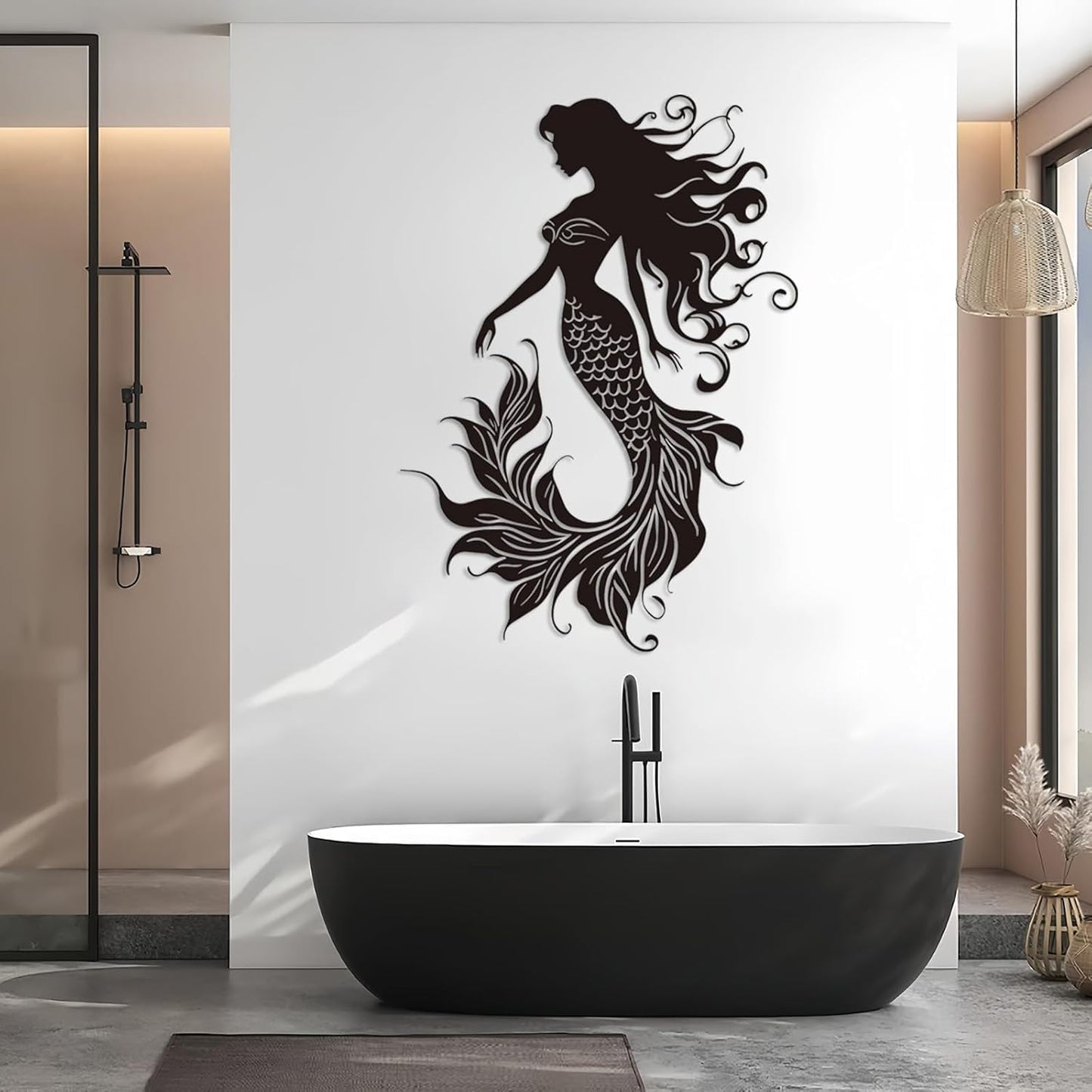 Veplsur Mermaid Metal Wall Art, Metal Mermaid Wall Decor, Marine Biology Wall Decor, Ocean Wall Art, Nautical Wall Hanging, Beach Hanging for Bathroom Bedroom (White, 48"x34"|121x86cm)