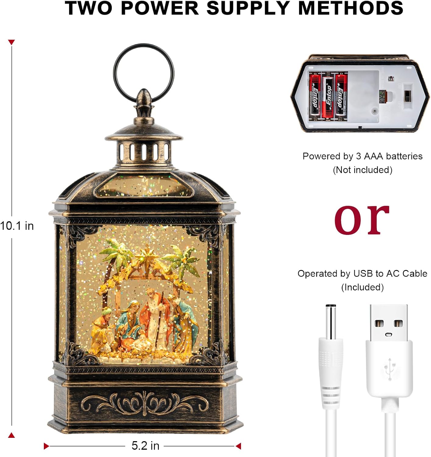 Christmas Snow Globe Swirling Glittering Nativity Scene with Music, USB Lined/Battery Operated Lighted Water Lantern for Christmas Festival Decoration Gifts
