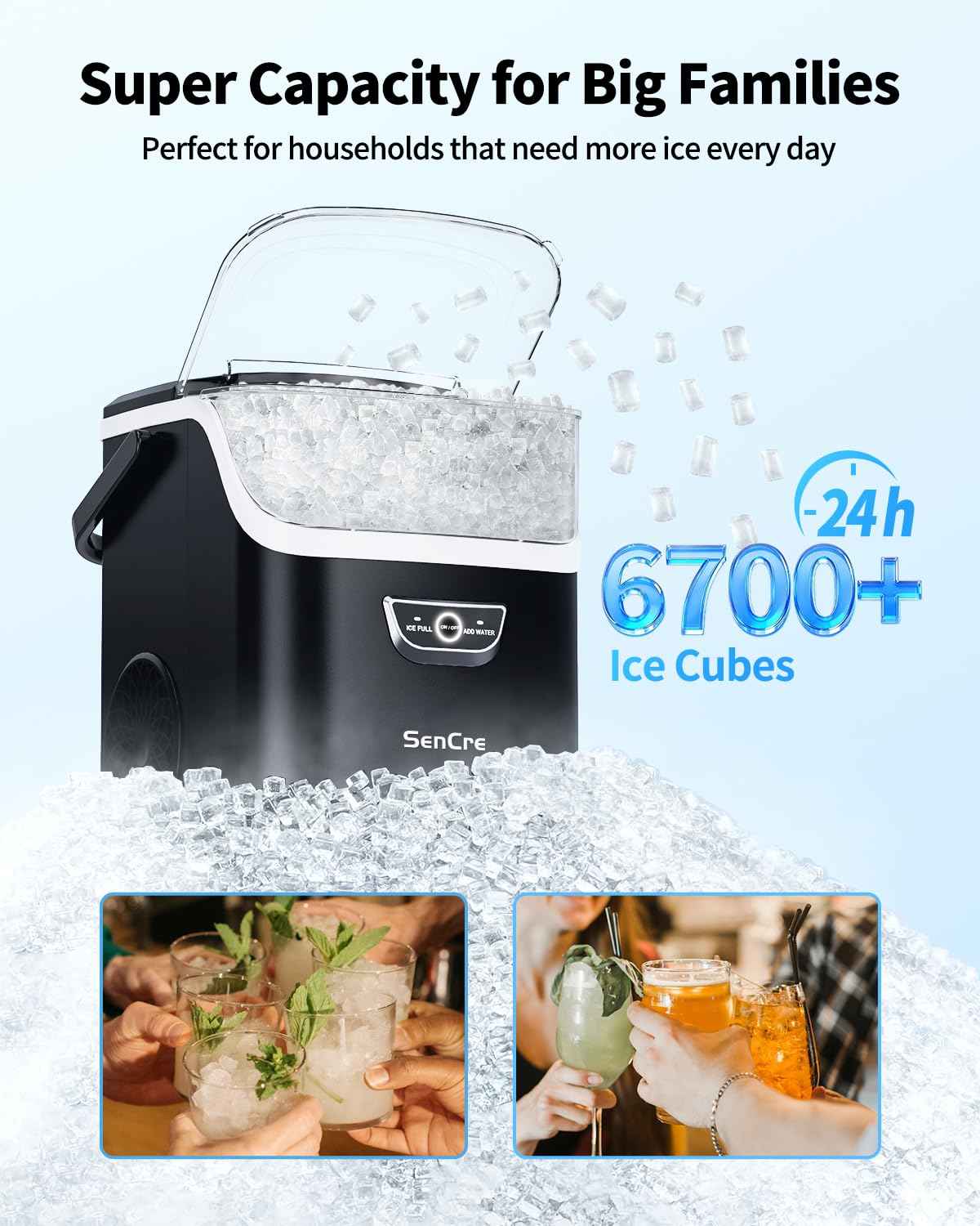 Nugget Ice Maker with Handle, 40lbs/Day Countertop Ice Maker Ready in 5 Mins, Soft Sonic Ice, Auto-Cleaning Ice Makers Portable Ice Machine for Home Kitchen Office Party & Large Families
