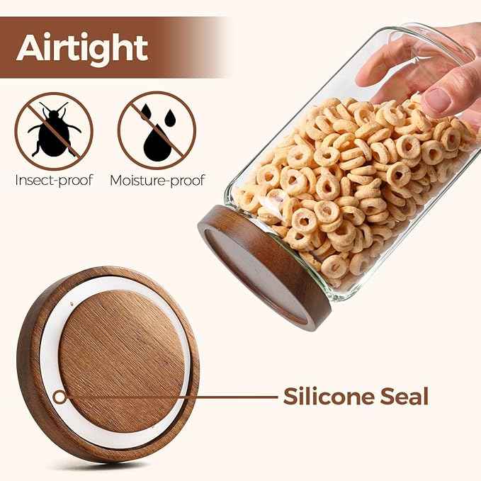ComSaf 3Pcs (1.7Qt) Airtight Glass Pasta Storage Containers with Acacia Wood Lids, Tall Pantry Storage Container for Organizing Spaghetti and Pasta, Thick Glass Spaghetti Container with Pasta Labels
