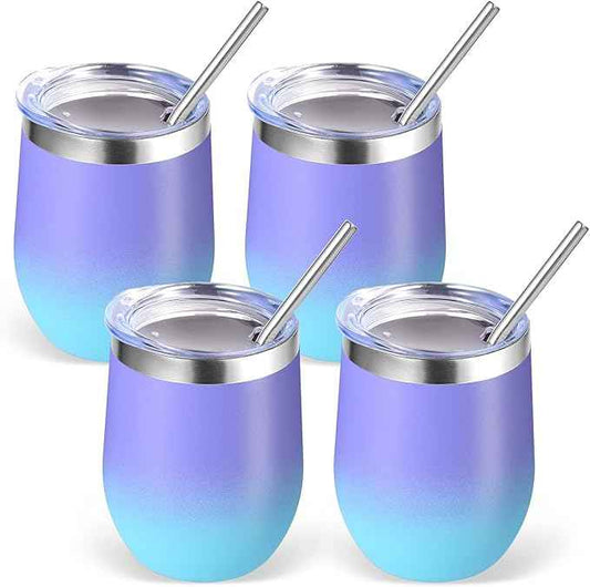Volhoply 12oz Stainless Steel Wine Tumbler with Lid Bulk 4 Pack,Double Wall Vacuum Stemless Wine Glasses,Reusable Metal Travel Coffe Mug with Straw,Insulated Cup Gifts for Christmas（Purple Bule,4 Set）