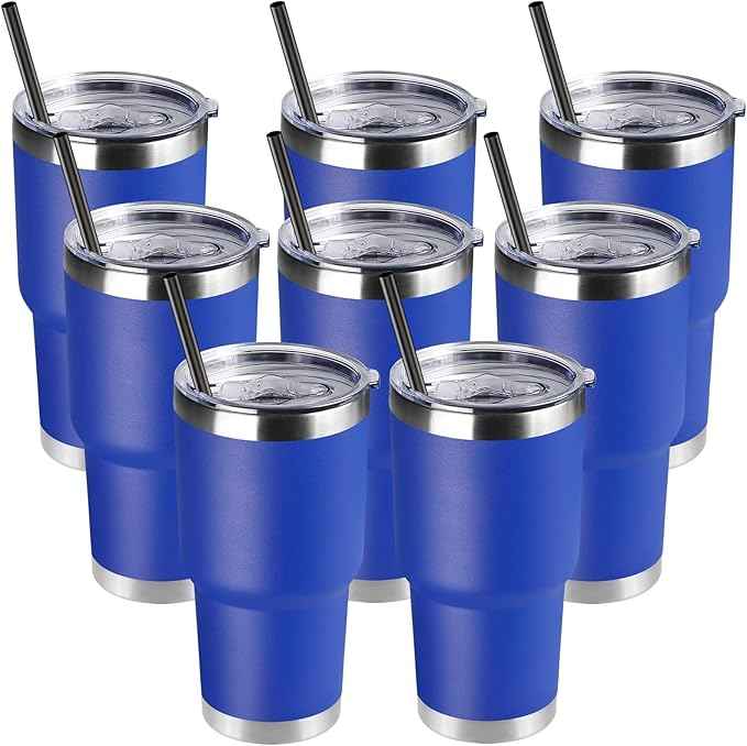 DOMICARE 30oz Tumbler Bulk with Lid and Straw, Double Wall Travel Coffee Mug, Insulated Vacuum Stainless Steel Tumblers, Powder Coated Tumbler Cup (Dark Blue, 8)