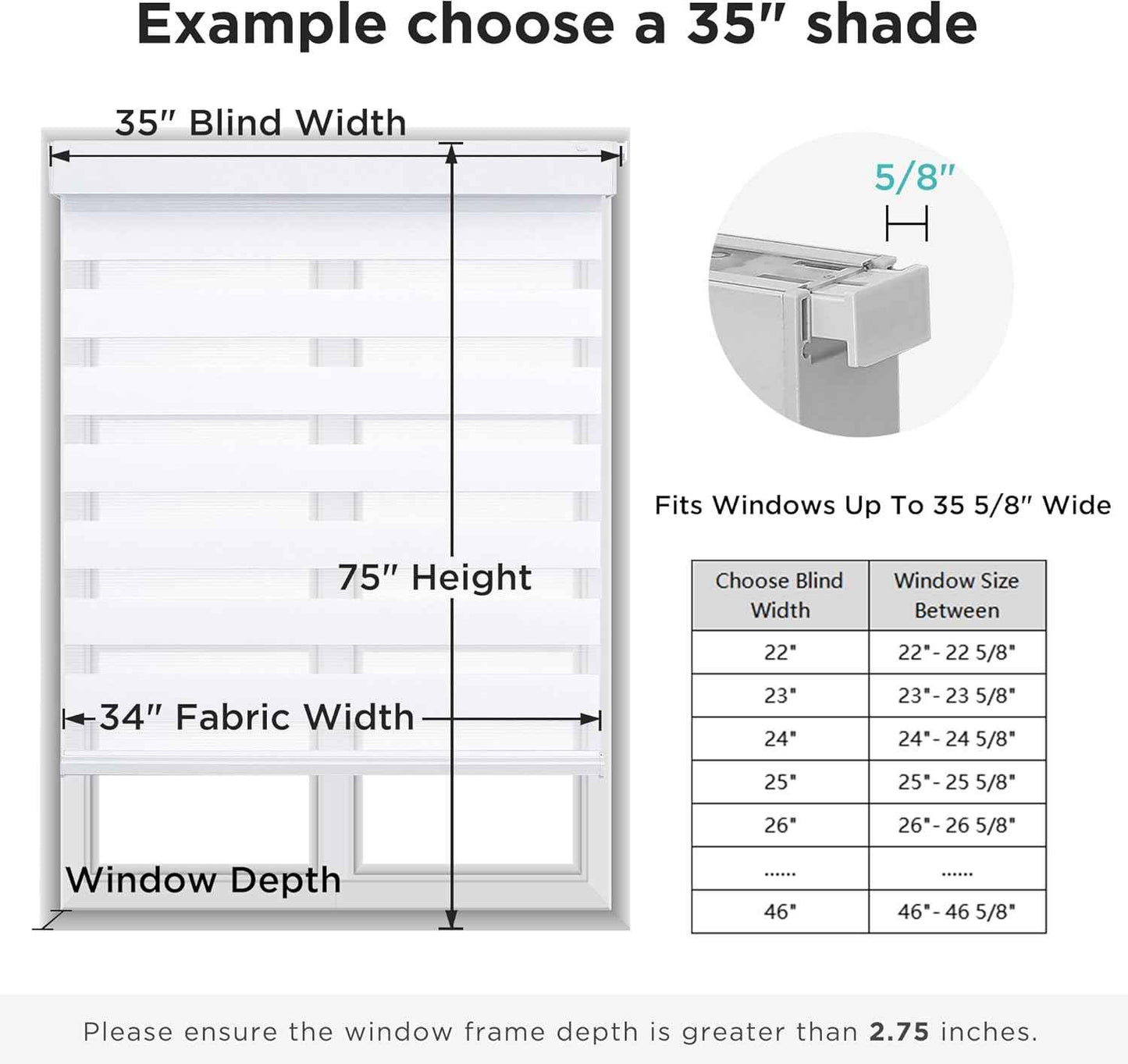Joydeco No Drill Zebra Blinds for Windows, Cordless Day & Night Dual Sheer Roller Shades, Easy Installation, Free-Stop Light Filtering Privacy Blinds for Home(White,34" W x 75" H,2025 Version)