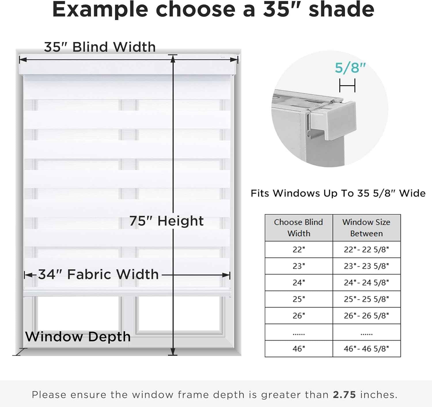 Joydeco No Drill Zebra Blinds for Windows, Cordless Day & Night Dual Sheer Roller Shades, Easy Installation, Free-Stop Light Filtering Privacy Blinds for Home(White,34" W x 75" H,2025 Version)