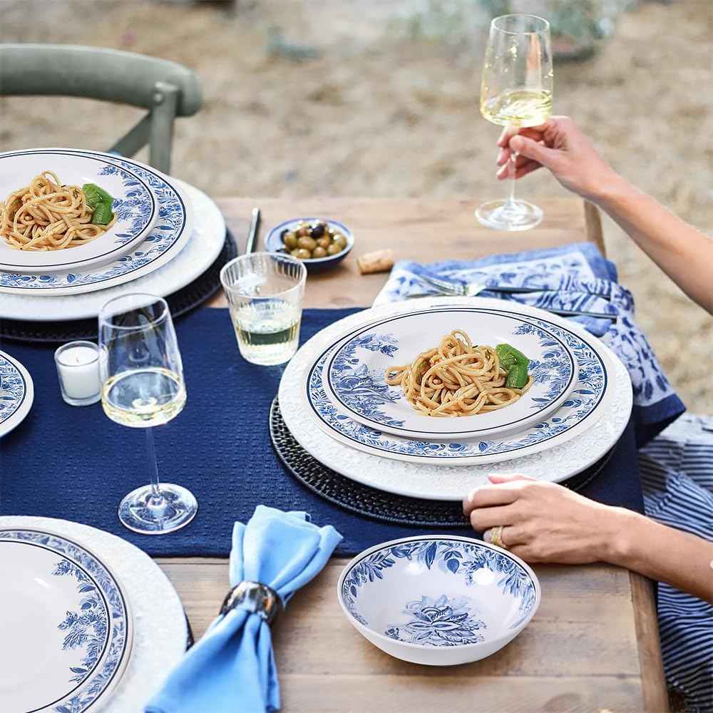 Melamine Dinnerware Sets-12pcs Floral Dinnerware Set Service for 4, Blue White Plates and Bowls Sets, Dishwasher Safe, Break-resistant, Outdoor Camping Picnics Use, Reusable, Traditional Flower