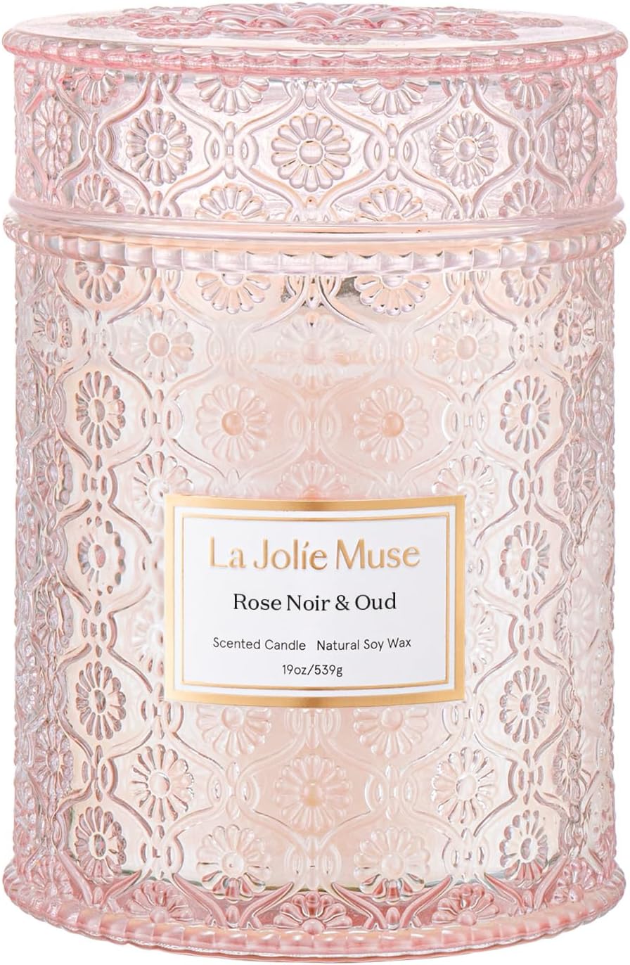 LA JOLIE MUSE Rose Noir & Oud Scented Candle – Lemon, Rose & Oud |19 oz Large Wooden Wick Candle | Natural Soy Wax | 90 Hours Clean Burn | Gift-Ready for Hosts & Gatherings | Elegant Home Décor