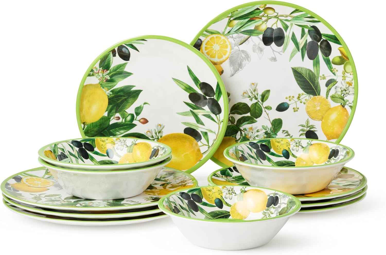 Limone 12-Piece Melamine Dinnerware Set - Citrus-Inspired, Service for 4, Durable, Shatterproof, Dishwasher-Safe Plates and Bowls for Everyday Dining, Outdoor Use, and Entertaining