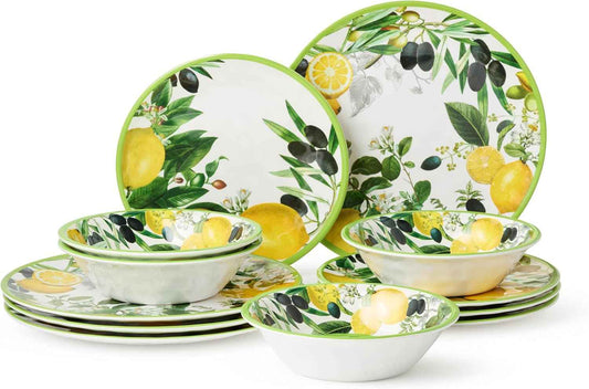 Limone 12-Piece Melamine Dinnerware Set - Citrus-Inspired, Service for 4, Durable, Shatterproof, Dishwasher-Safe Plates and Bowls for Everyday Dining, Outdoor Use, and Entertaining