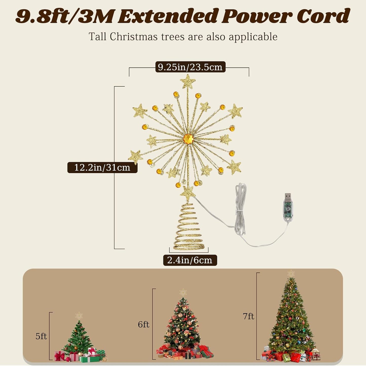 Lewondr Christmas Tree Topper, 13'' Metal Twinkly Xmas Starburst Tree Topper with 20 LED Bulbs, USB Powered Lighted Star Treetop for Christmas Ornaments, Remote Control, 6H Timer, 8 Light Modes, Gold