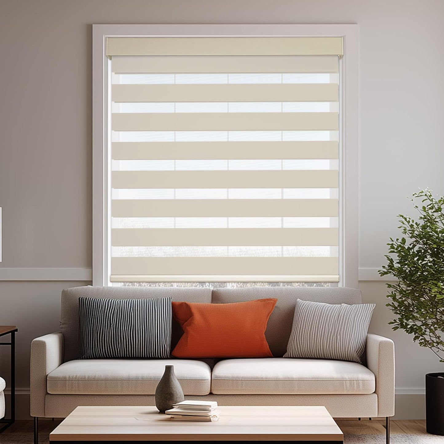 HESTIA Cordless Zebra Blinds Light Filtering Roller Shades UV Blocking Blackout Privacy Indoor Window Shades for Home Office Day and Night, Beige,43" W x 48" H