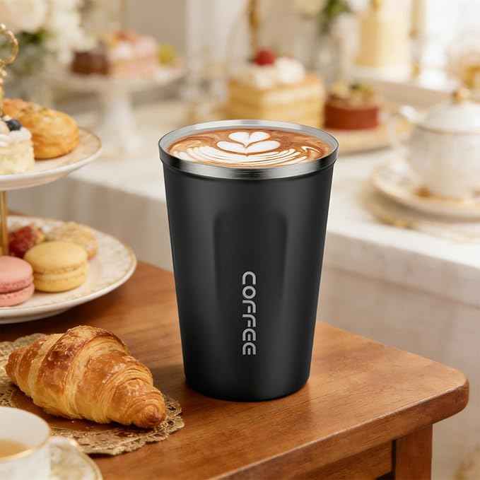 MOMSIV 12oz Travel Mug, Insulated Coffee Cup with Leakproof Lid, Vacuum Stainless Steel Double Walled Reusable Tumbler for Hot and Cold Water Coffee and Tea In Travel and Car Black