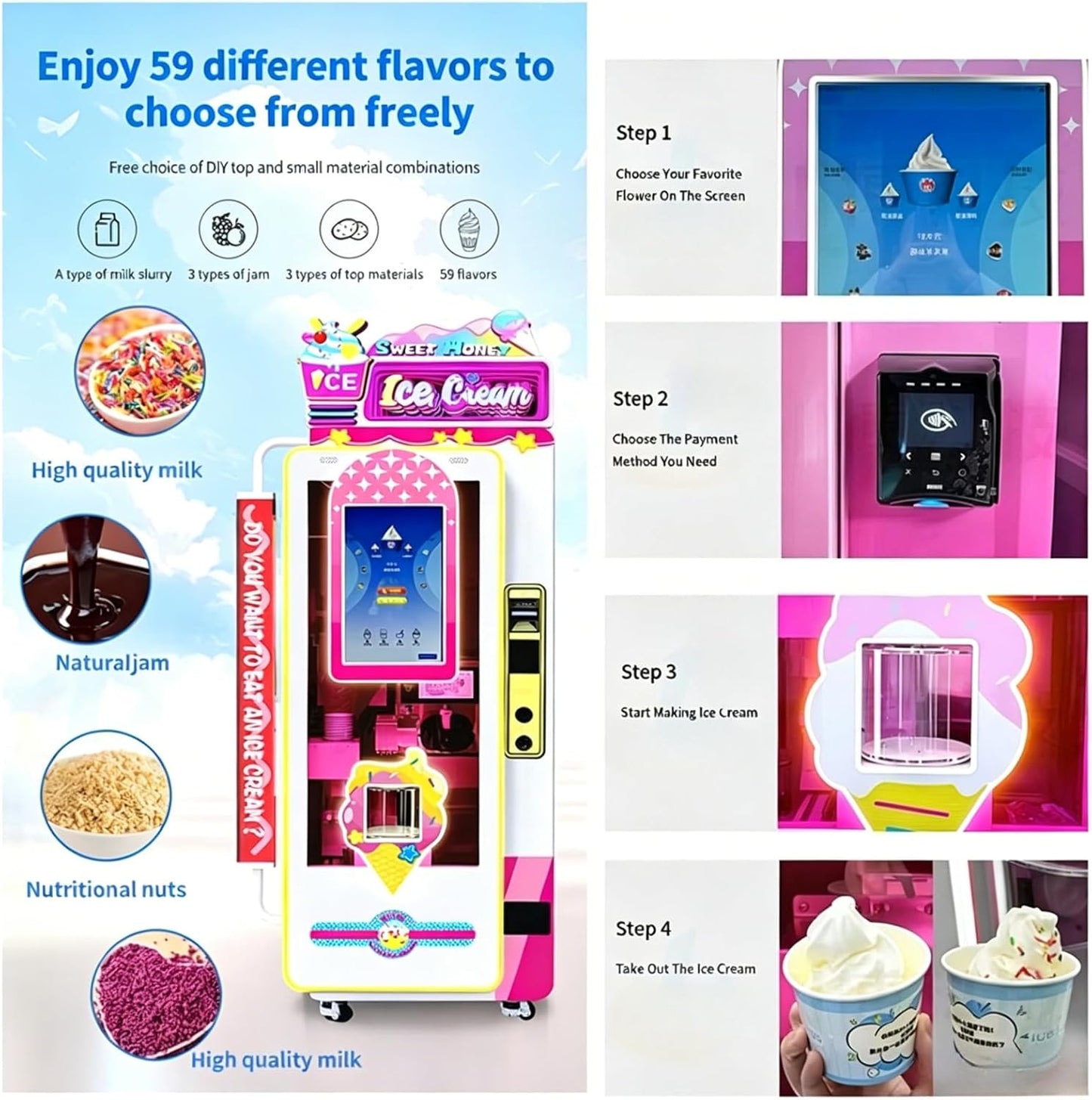 Ice cream vending machine, intelligent touch screen soft ice cream machine, supports coin, cash card and mobile payment, suitable for shopping malls, campuses, cinemas and other places.