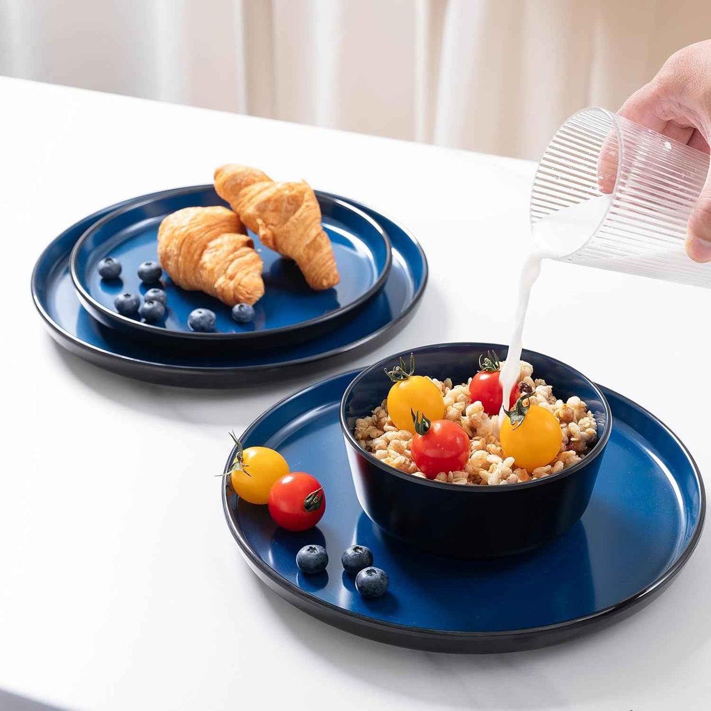 Melamine Dinnerware Sets, 12 Pcs Unbreakable Plates and Bowls Set, Outdoor Dinnerware RV and Camper Dishes Sets for 4, Kitchen Dishes Set for Entertaining, Black and Blue