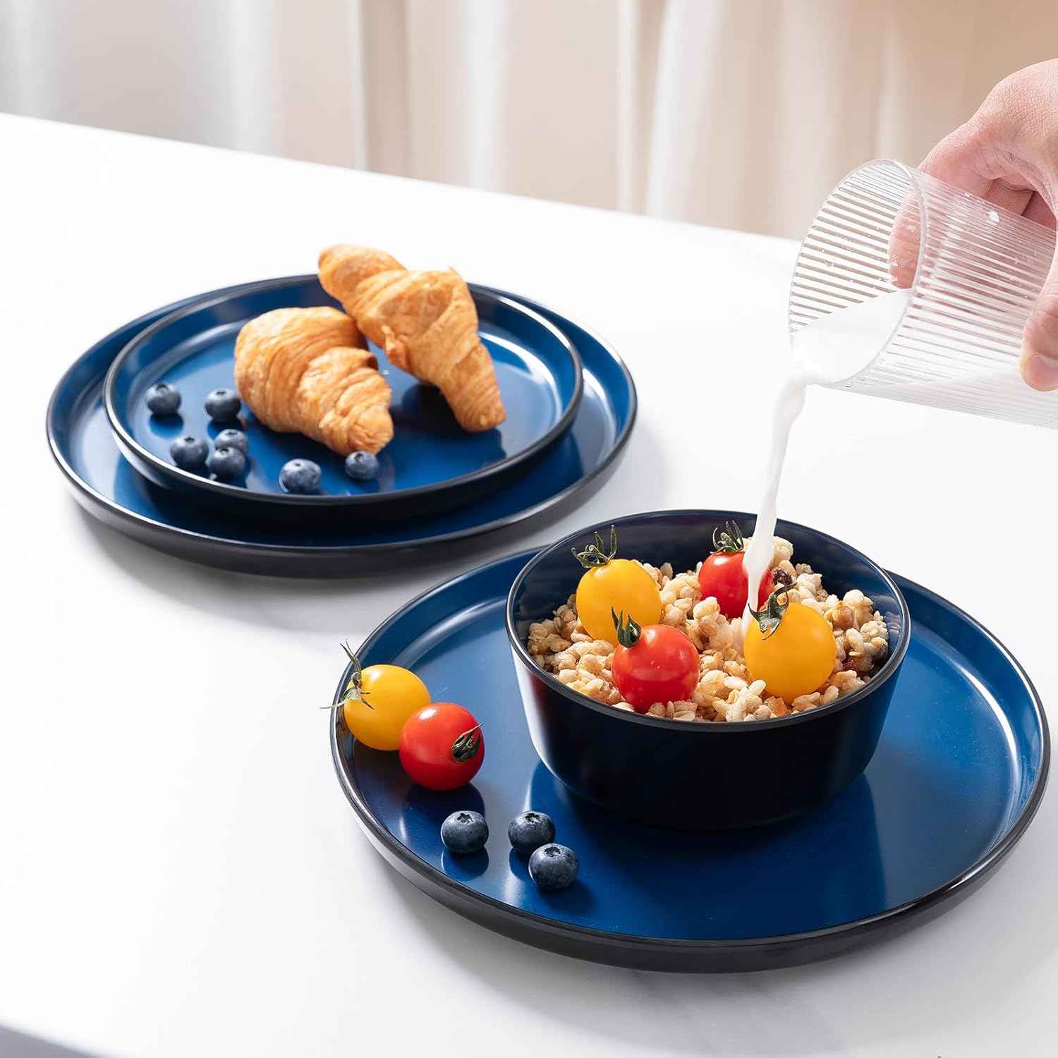 Melamine Dinnerware Sets, 12 Pcs Unbreakable Plates and Bowls Set, Outdoor Dinnerware RV and Camper Dishes Sets for 4, Kitchen Dishes Set for Entertaining, Black and Blue