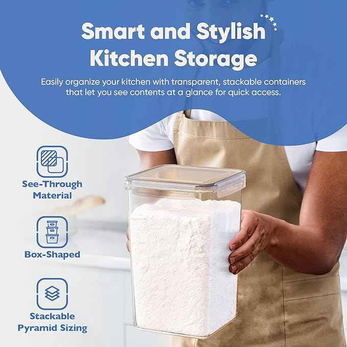 Chef's Path Extra Large Tall Airtight Food Storage Containers, Set of 4, Airtight Food Storage for Flour, Sugar, Rice, Includes Measuring Scoops, Pen, and Labels, 7qt, 220Oz, 6.5L, Transparent