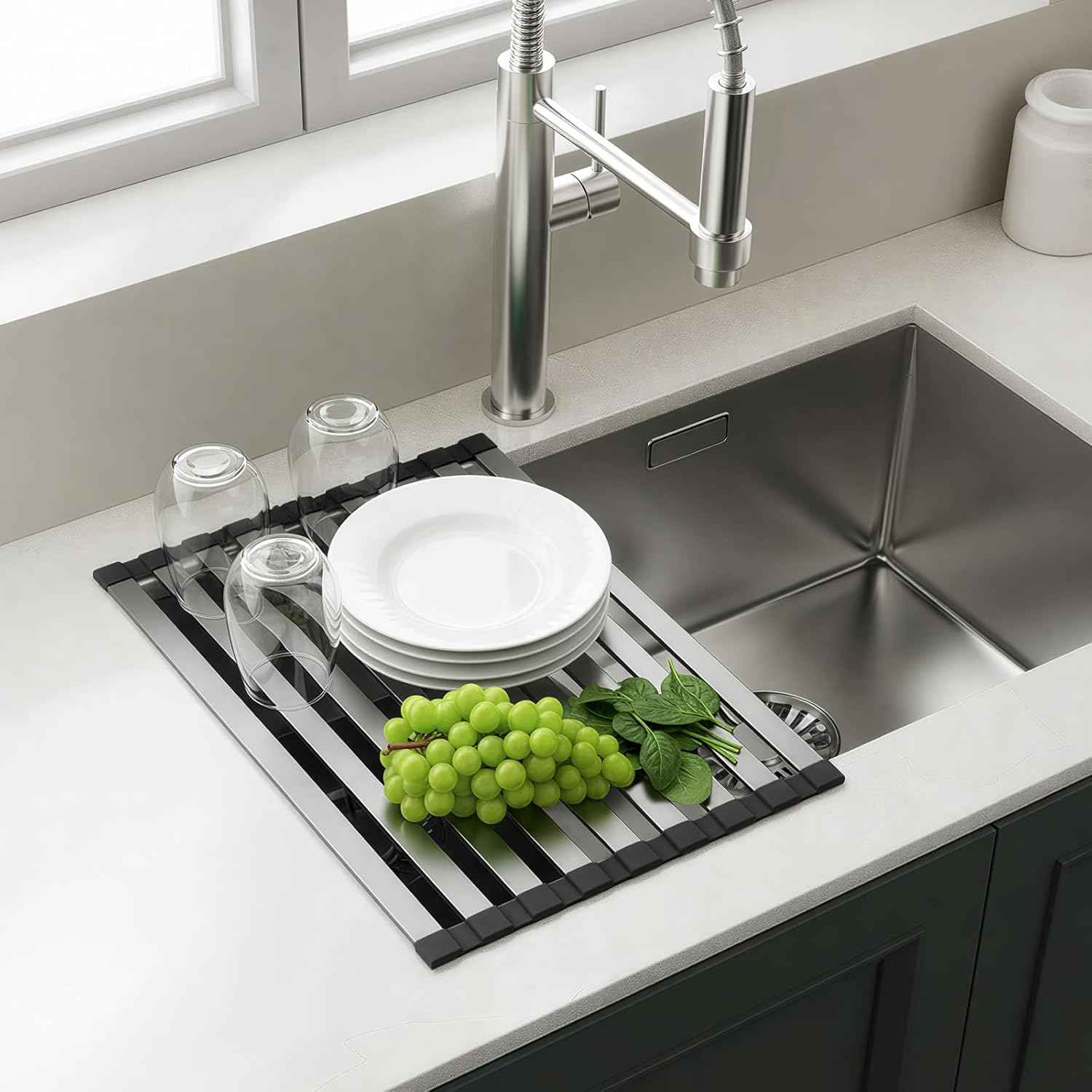 Meowoo Rectangle Dish Drying Rack, 15.7" x 13" Roll Up Over The Sink Dish Drainer Rack, Non-Slip Silicone Base, Stainless Steel Drying Rack for RV & Small Kitchen Sink, Black