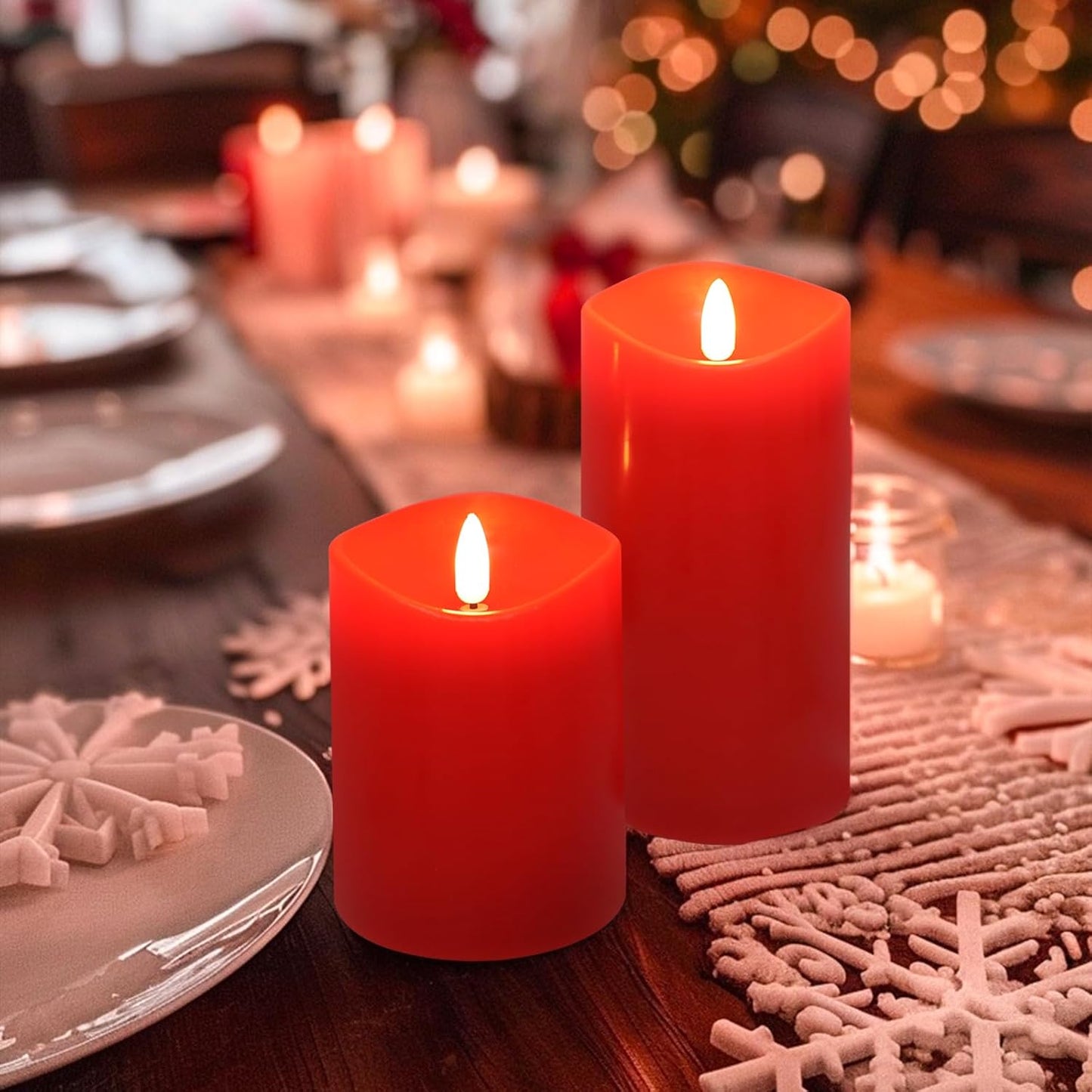 Red Flameless Candles with Remote, Flickering Battery Operated Candles with Timer, Real Wax LED Pillar Fake Candles for Christmas Party Home Decor, Set of 3