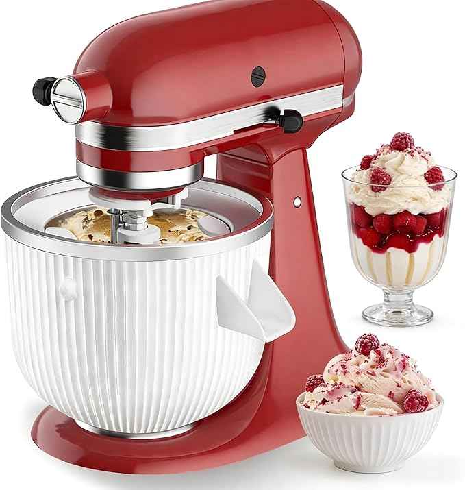 Ice Cream Maker Attachment for KitchenAid, Ice Cream Bowl Fits KitchenAid 4.5/5QT & 6QT Mixers, Frozen Ice Cream & Sorbet Gelato Maker, 2 Quart, White