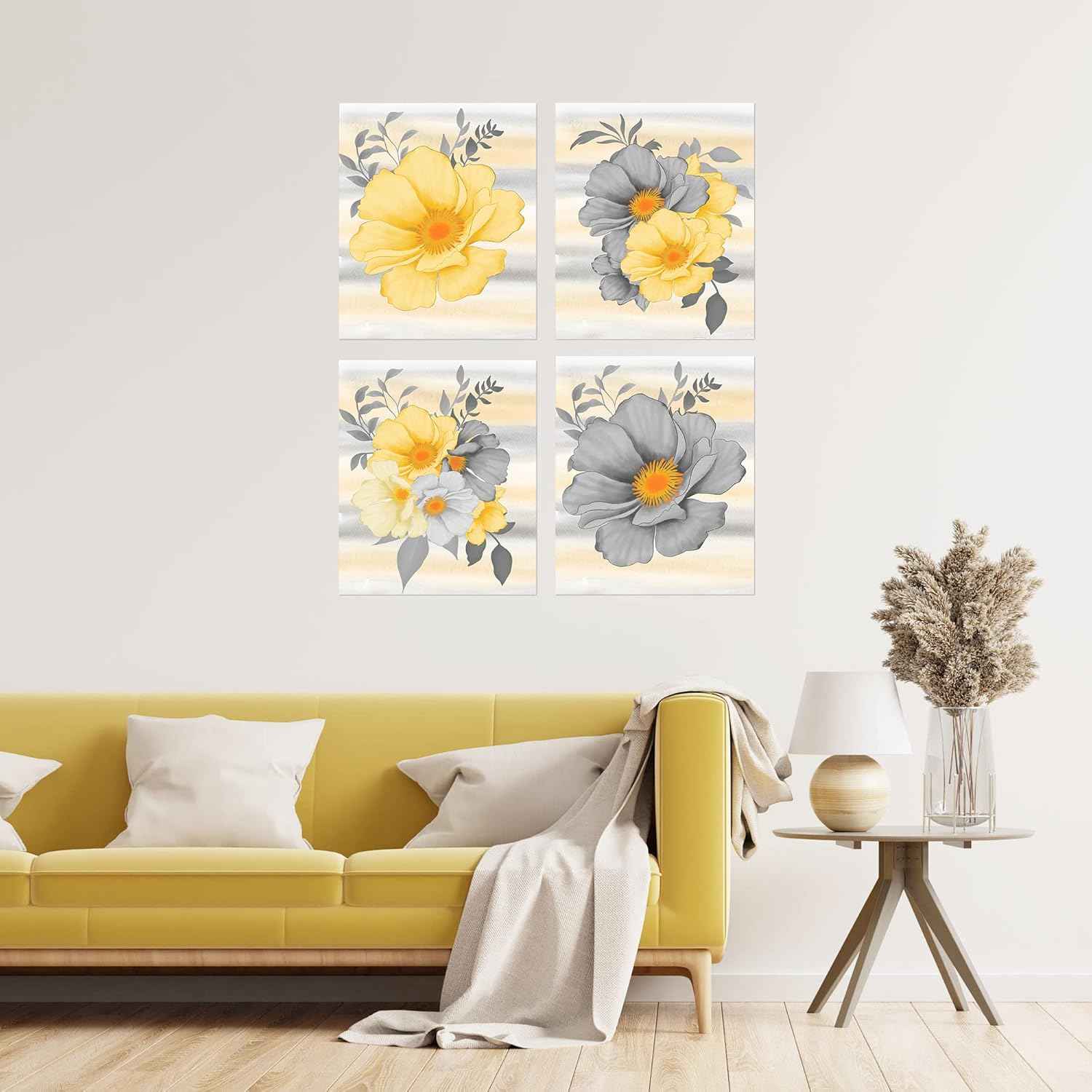 Twisted R Design Wall Art Canvas Prints - 4 Vintage Farmhouse Decor Posters - 8x10 Unframed Floral-Themed Pictures - Made in USA Wall Art for Living Room, Bedroom, Office, & More - Gray and Yellow