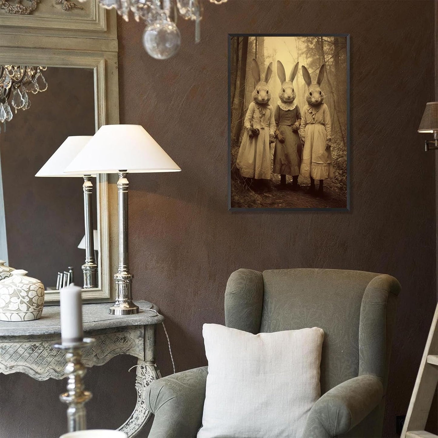 Vintage Horror Spooky Three Rabbits In Occult Forest Spooky Canvas Wall Art Poster Gothic Dark Academia Decorations Room Creepy Print Retro Halloween Wall Decor 16X24inch Aluminum Framed