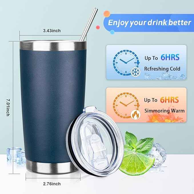 20oz Tumbler with Straw and Brush, Stainless Steel Vacuum Insulated tumbler, Double Wall Insulated Coffee Tumbler for Outdoor, Home, Travel,Office (Navy blue,1pcs)