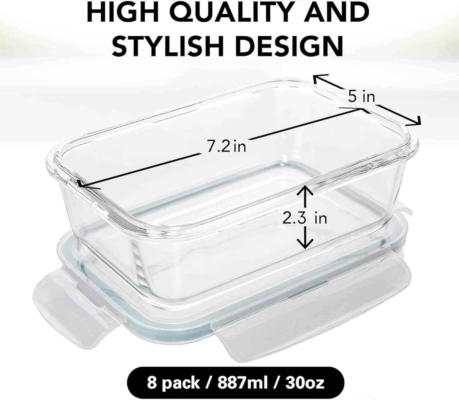 Razab 16 Pc (Set of 8) 30 Oz Glass Meal Prep Containers with Lids, Airtight Large Glass Food Storage Containers, Reusable Leak Proof BPA Free, Freezer to Oven and Dishwasher Safe