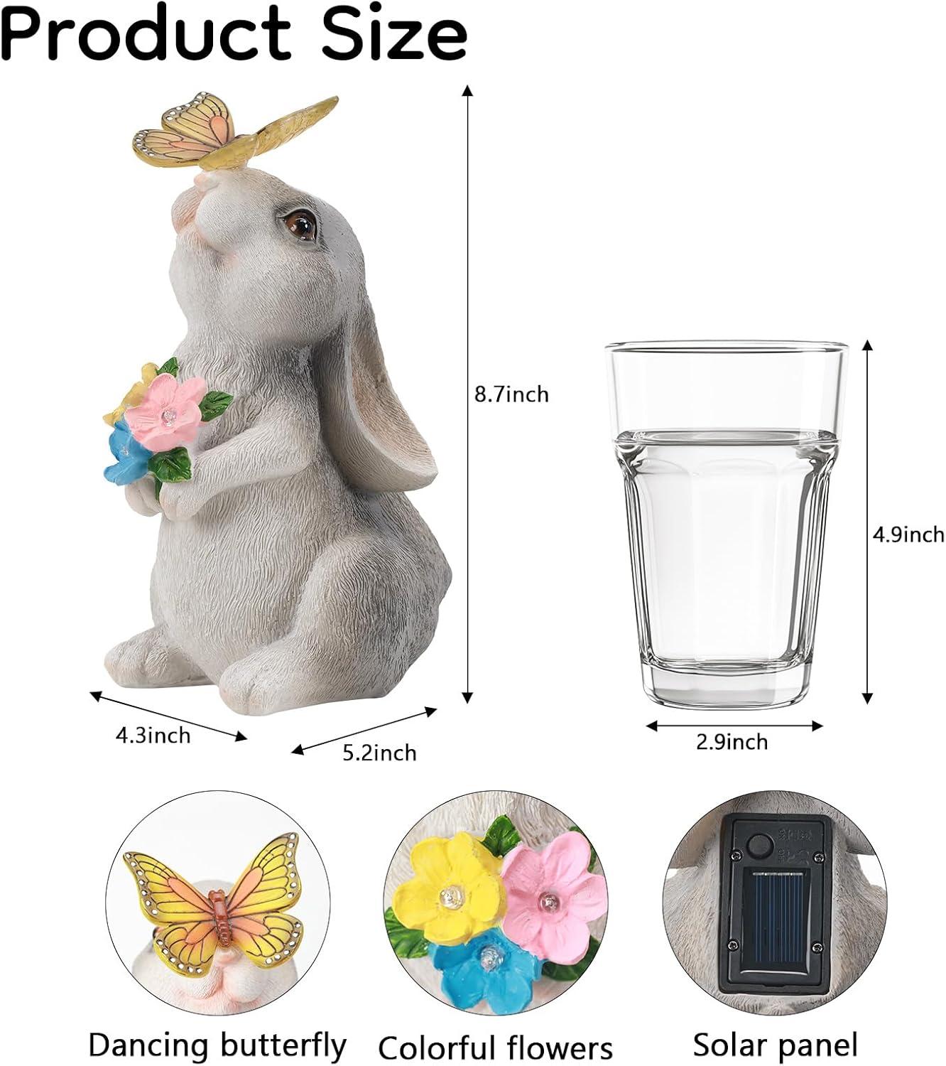 Solar Bunny Statues Light with Butterfly LED - Auto On/Off Weathproof Resin Garden Figurine Decor Gift for Pathway, Patio & Mom's Flower Bed (Warm Light)