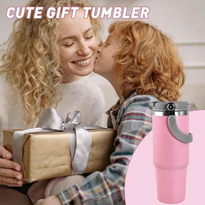 30 oz Tumbler with Handle and Straw Lid, Double Walled Vacuum Insulated Water Bottle Leakproof Tumbler Travel Coffee Mug Thermal Cup, Cupholder Friendly for Office, Home, Sport, Pink