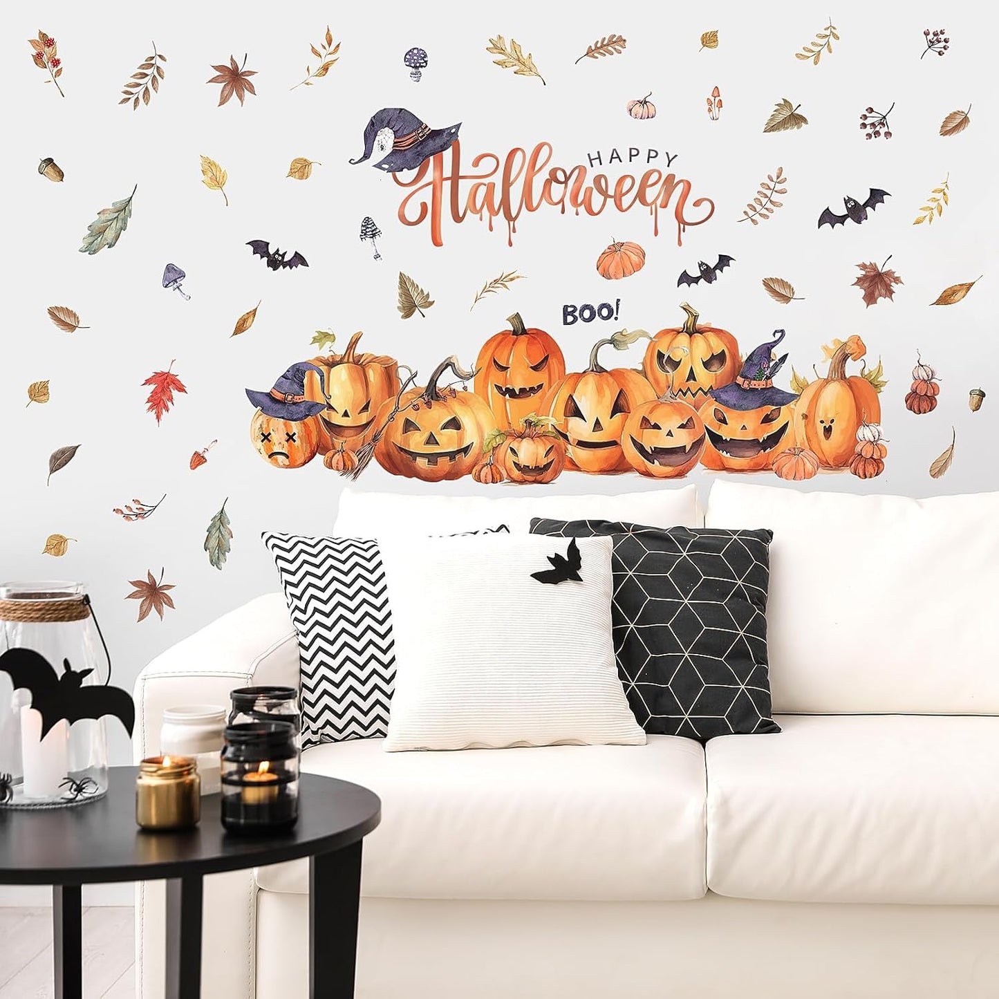 clothmile 38.18 x 36.15 Inch Halloween Wall Decals Halloween Pumpkins Bat Leaves Wall Stickers Removable Halloween Peel and Stick Sticker for Halloween Party Supplies Home Window Decor