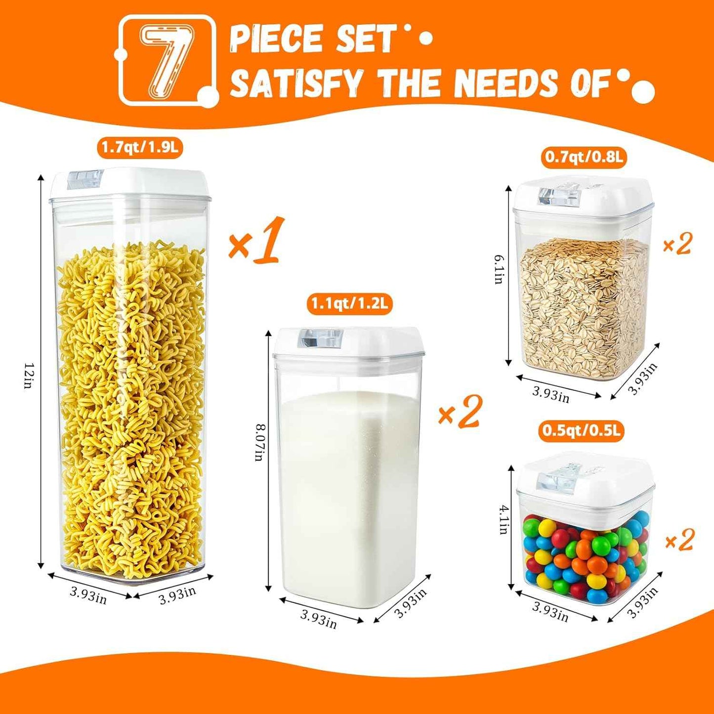 Airtight Food Storage Containers with Lids 7 pcs Plastic Kitchen and Pantry Organization Canisters for Cereal, BPA Free Kitchen Canisters for Spaghetti, Pasta (Airtight Food)
