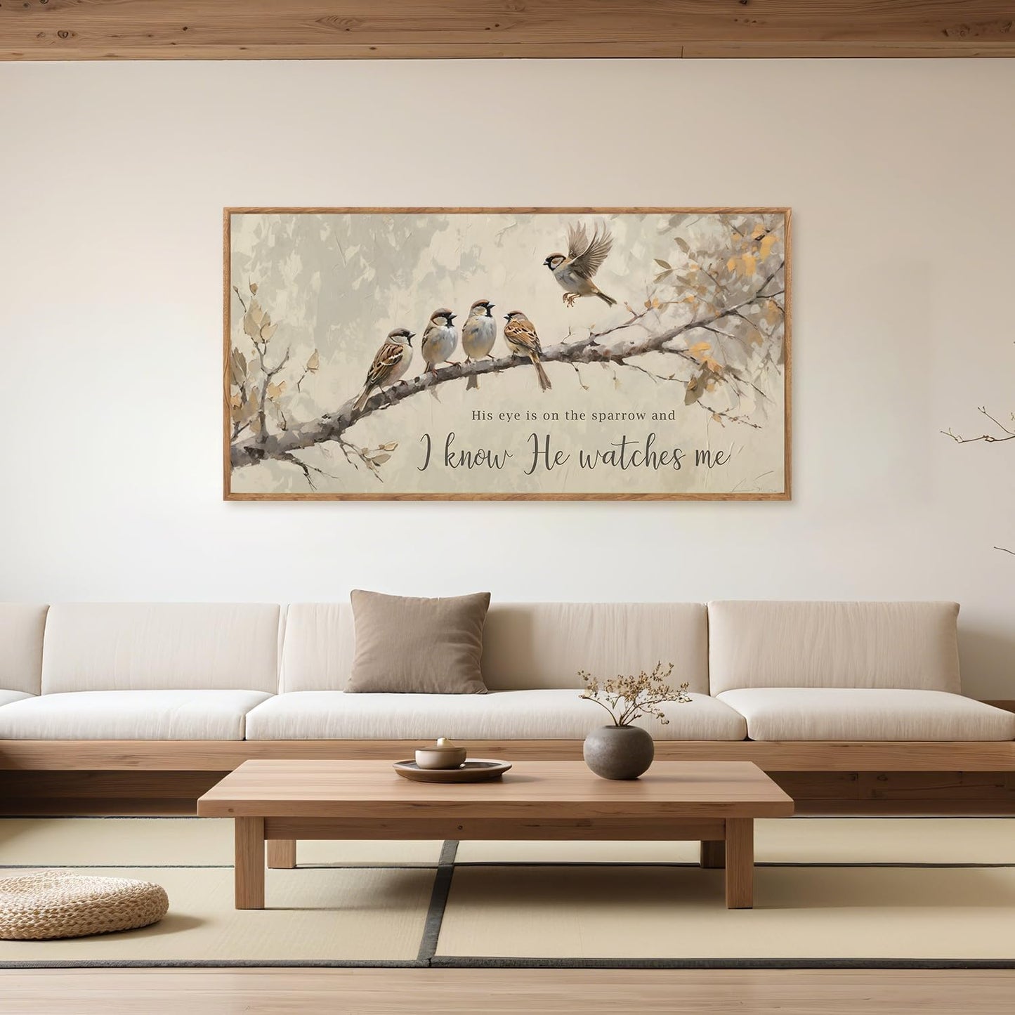 Aurlan His Eye is on the Sparrow Christian Wall Art Framed(40"x20"), Vintage Neutral Birds on Tree Branch Nature Canvas Artwork, Religious Faith Gift Bible Verse Scripture Print Decor for Home Office Bedroom