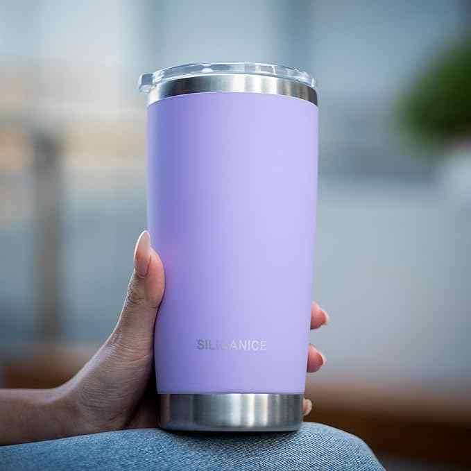 Coffee Tumbler 20 oz, Double Wall Stainless Steel Travel Coffee Mug with Removable Slider Lid, BPA Free, Car Cup Holder Compatible - Gym/Office/Travel/Home - Lilac