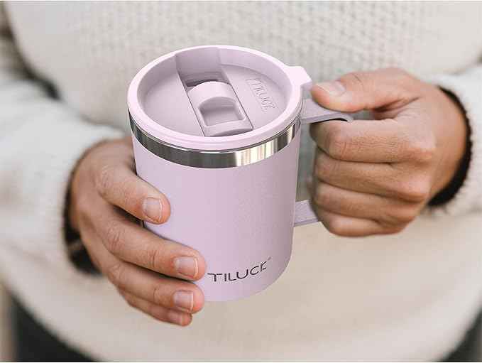 TILUCK 12 oz Insulated Coffee Mug with Lid, Double Wall Vacuum Insulated Travel Mug Cup with Handle for Hot or Cold Drinks（12oz，Matte LightPurple）