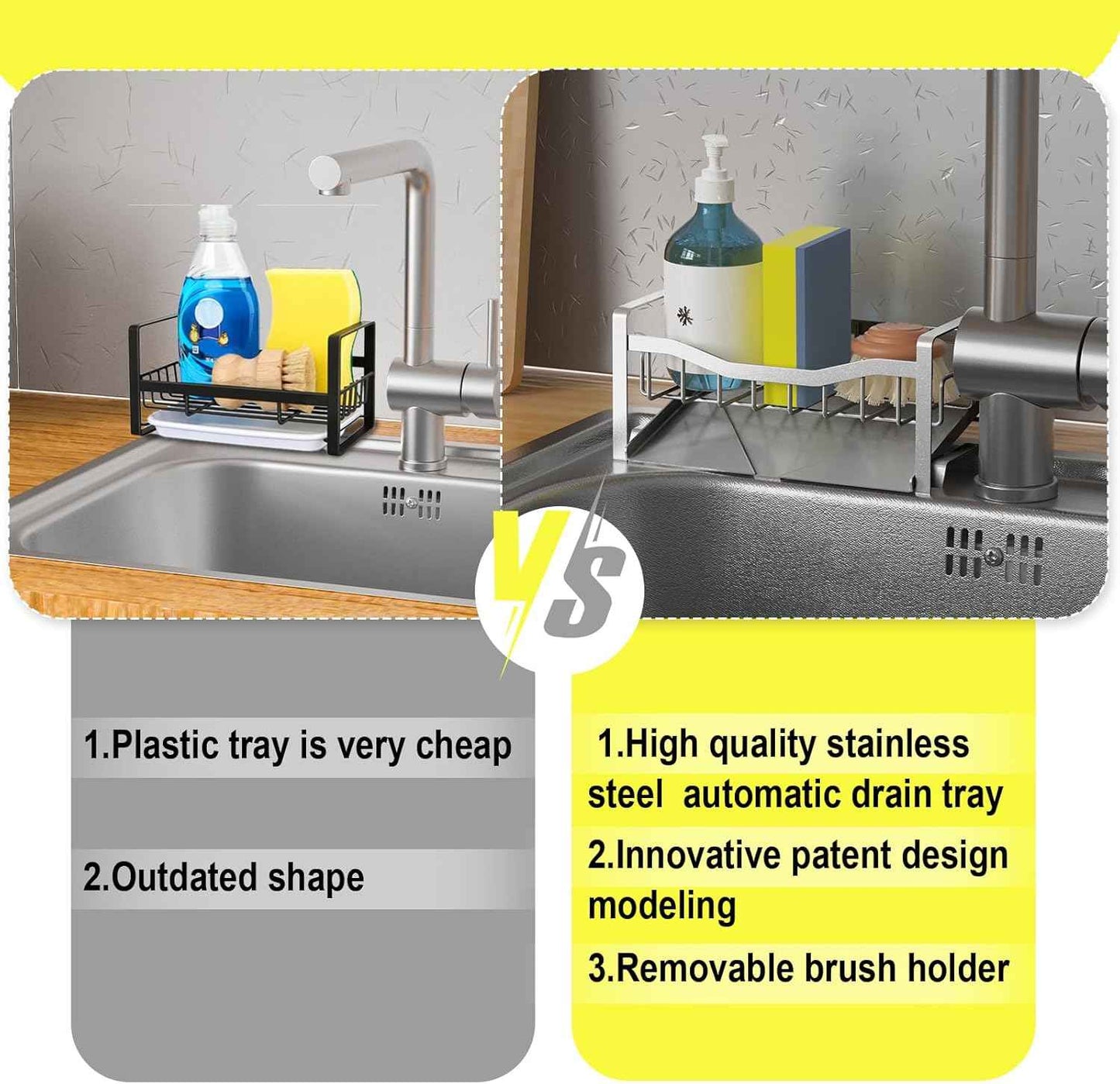 Maifan Kitchen Sink Caddy Organizer Sponge Holder for Kitchen Sink with Stainless Steel Auto Drain Tray, Self Drain Dish Soap Sponge Caddy Rack for Countertop Storage Gadgets Silver Grey