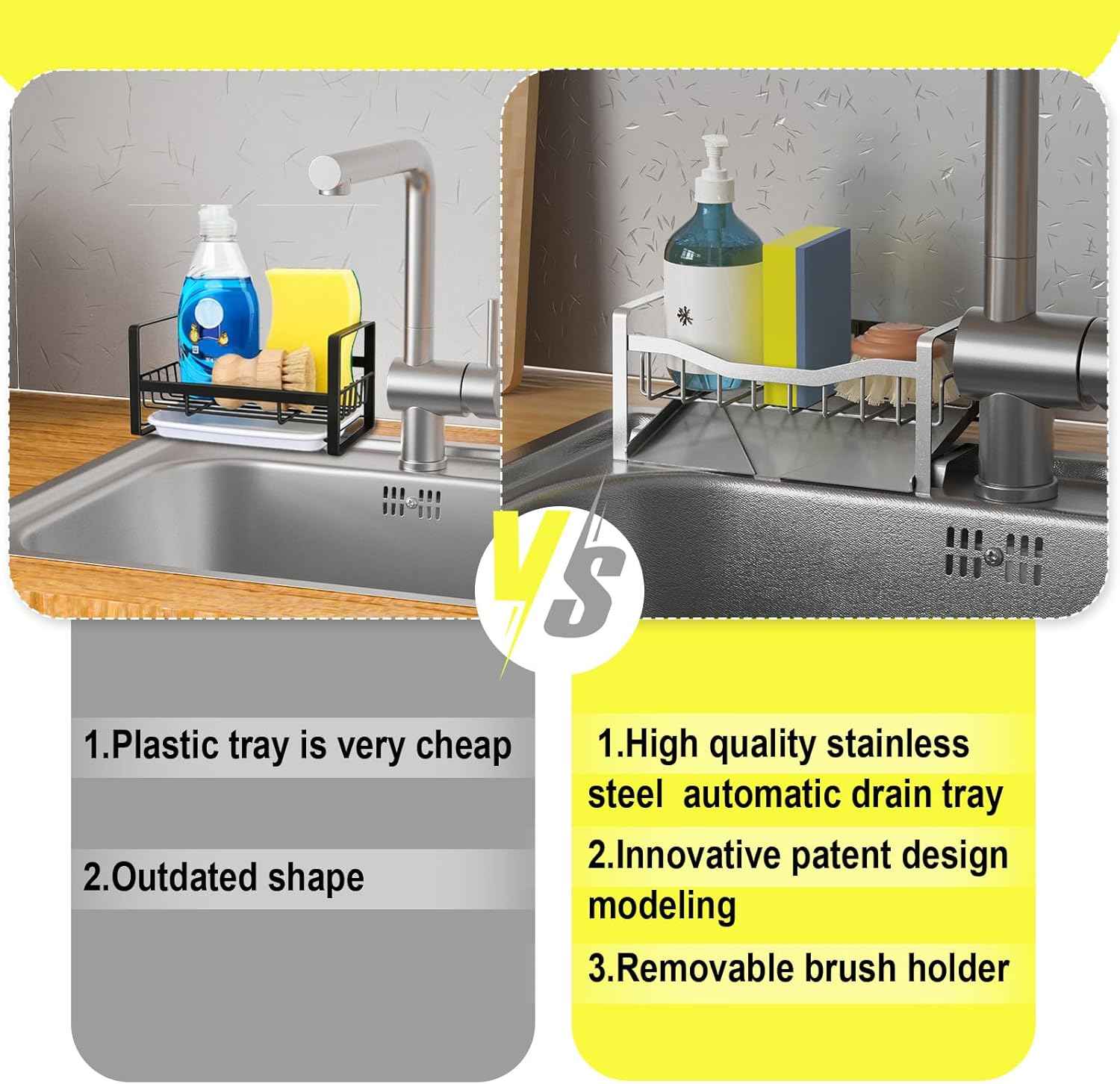 Maifan Kitchen Sink Caddy Organizer Sponge Holder for Kitchen Sink with Stainless Steel Auto Drain Tray, Self Drain Dish Soap Sponge Caddy Rack for Countertop Storage Gadgets Silver Grey