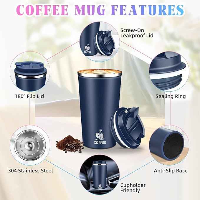 17oz Insulated Travel Coffee Mug with Flip Lid – Leakproof Stainless Steel Insulated Coffee Tumblers, Reusable Coffee Cup for Hot & Cold Drinks, Perfect for Camping & On-the-Go