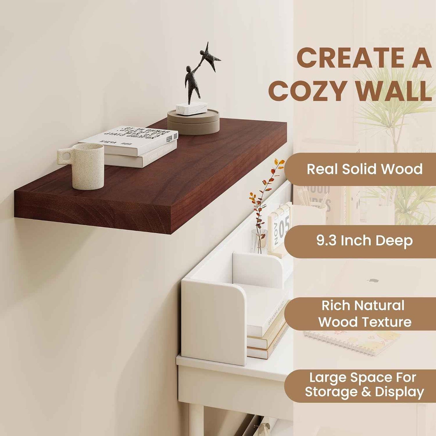 Fun Memories 9 Inch Deep Floating Shelves, Rustic Solid Wood Floating Shelf 16 Inch Long, 16 x 9 Wide Bathroom Shelves for Storage & Display, Red Brown