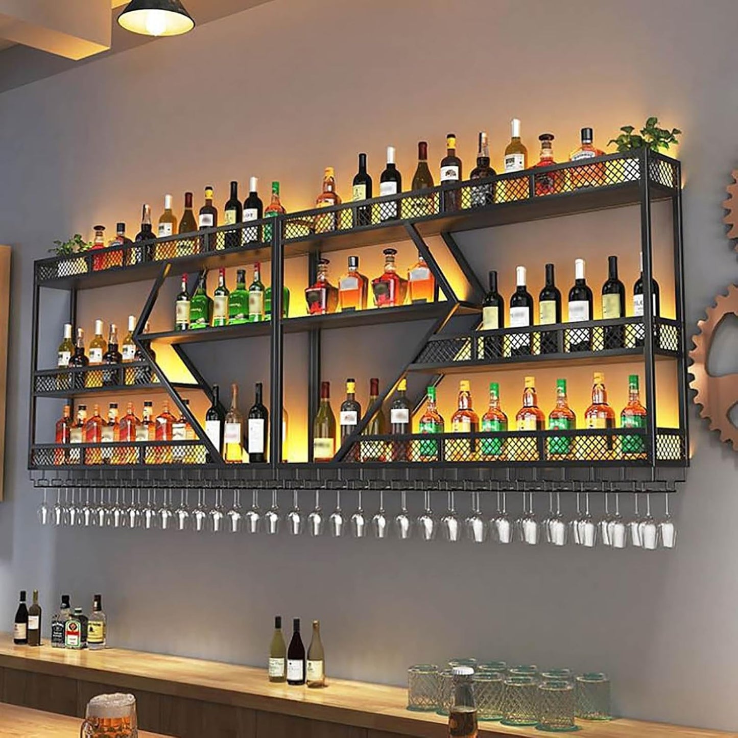 Wall Mounted Wine Rack with Glass Holder, 3-Tier Metal Storage Shelf, Black Diamond Design, Wine Bottle Display with Stemware Storage (Black, 39.37in/Right)