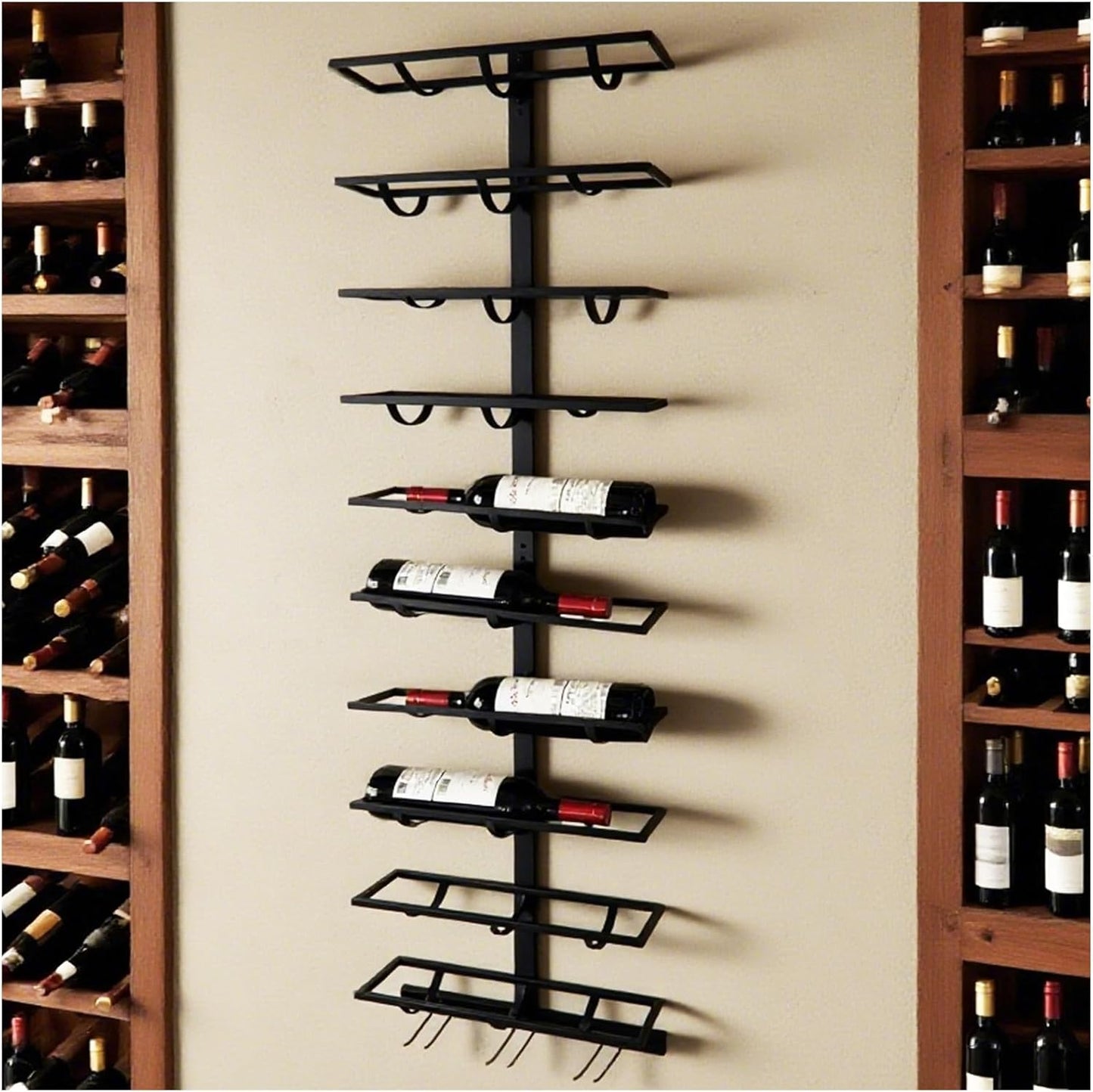 10 Bottle Wall Mount Wine Rack with Wine Glass Holder, Metal Wine Wall Rack, Wall Racks for Wine Bottles Display and Storage, Hanging Bottle Organizer for Living Dining Room Wine Cellar Bar (Black)