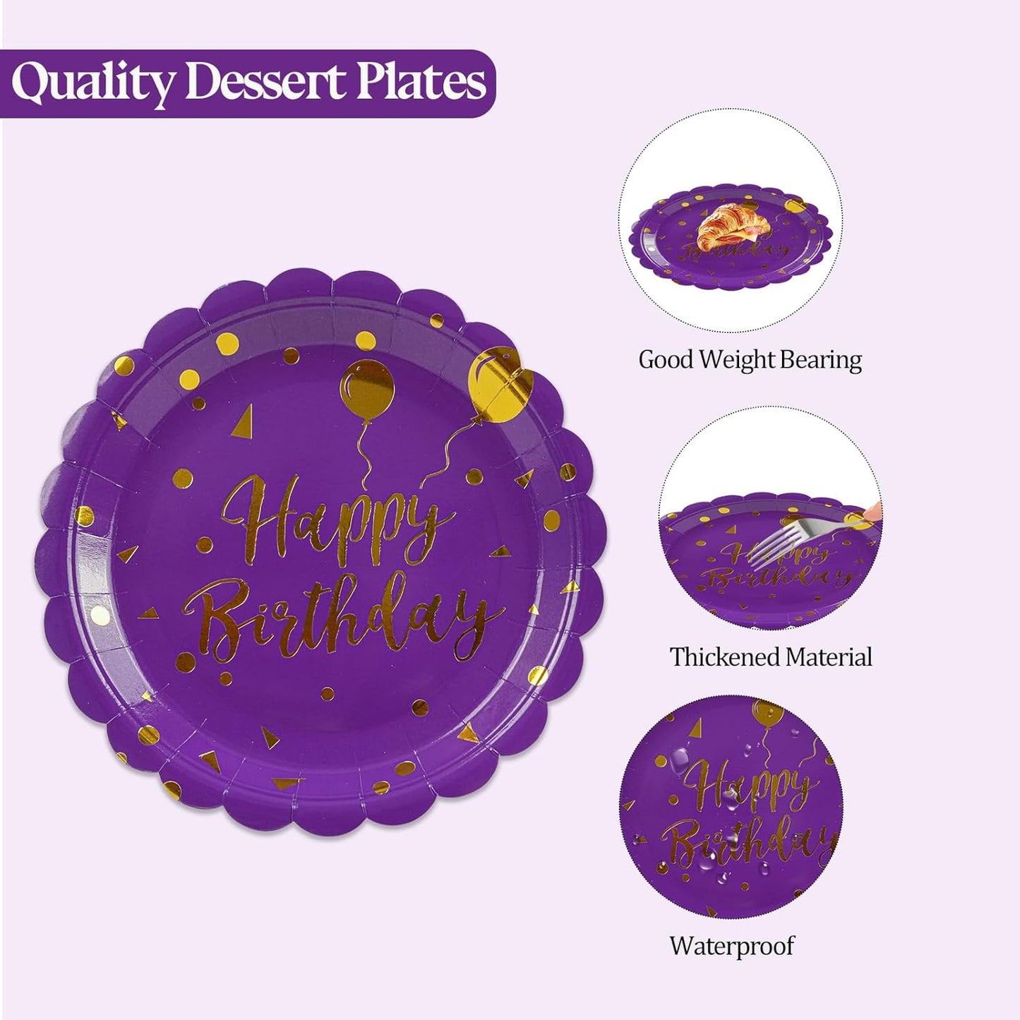 50PCS Purple Birthday Party Plates Decorations, 7 Inch Scalloped Purple and Gold Paper Plates Disposable Happy Birthday Dessert Cake Plate Party Supplies for Birthday's Decorations