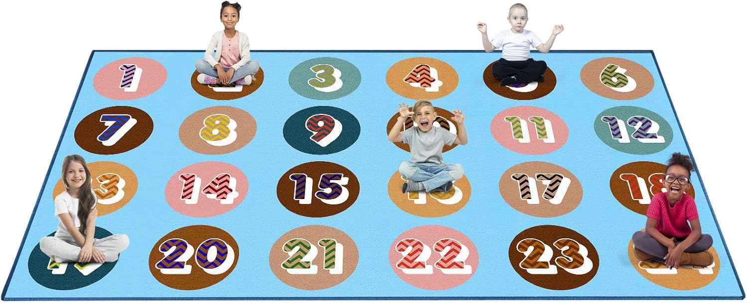 Booooom Jackson Pastel Number Seating Classroom Rug for Kids Room Seating Décor, 7'54''x13'12'' Large Preschool Carpet Seating Rug for Teaching and Playroom, Non-Slip Rubber Backing（Blue）