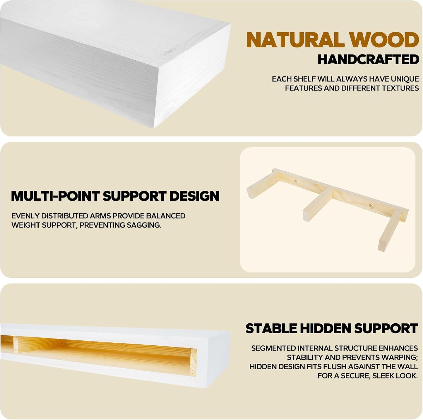 Floating Shelves 3 inch Thick for Wall Set of 2,Solid Pine Wood Wall Mount Shelf for Kitchen Living Room Bedroom Bathroom,8" D x 24" L x 3" H-White